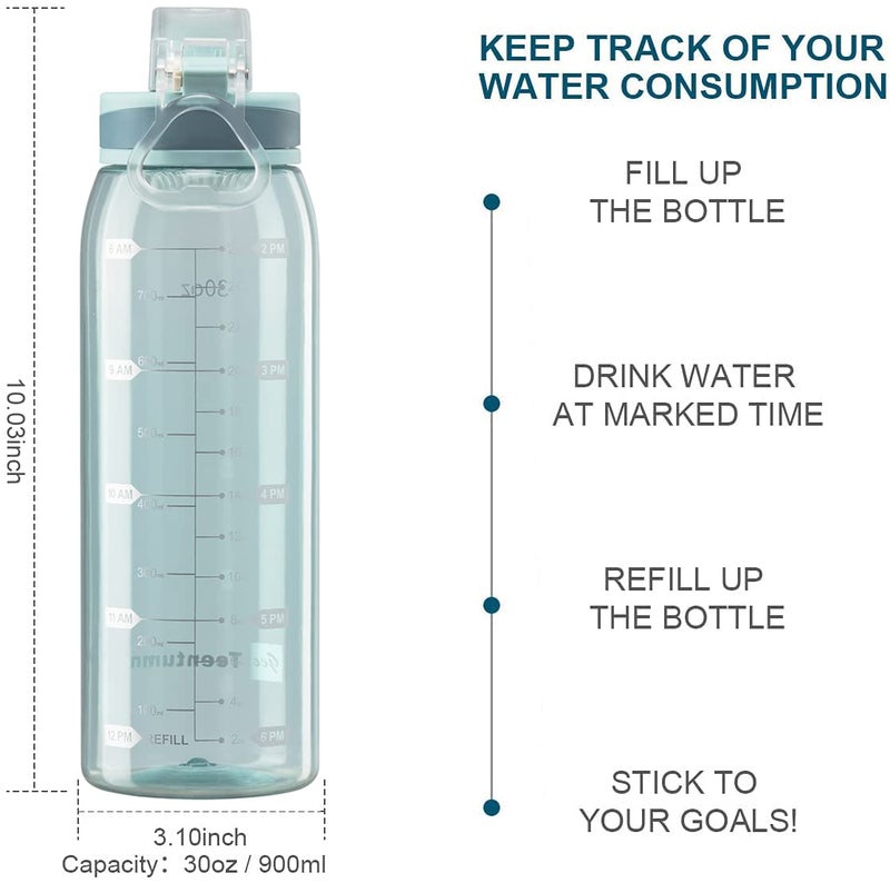 Teentumn 30oz Sport Water Bottle with Time Markers, Large Durable Gym Clear Plastic Bottle Tritan BPA Free for Fitness, Outdoor Enthusiasts, Leakproof Green (Pack of 1) - Image 2